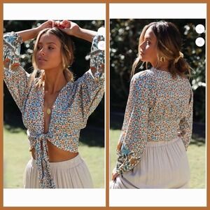 Boho Floral Tie Front Crop Top Sz M Beach Peasant Prairie Indie